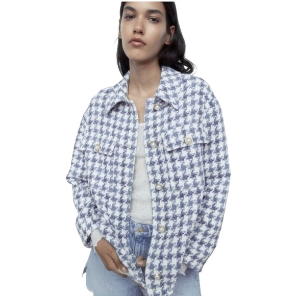 Zara Tops - Zara Blue and White Houndstooth Button Down Shirt